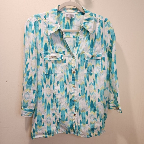 JM Collection Colorful Patterned 100% Linen  Button-Up Shirt Size 14 - Picture 1 of 11